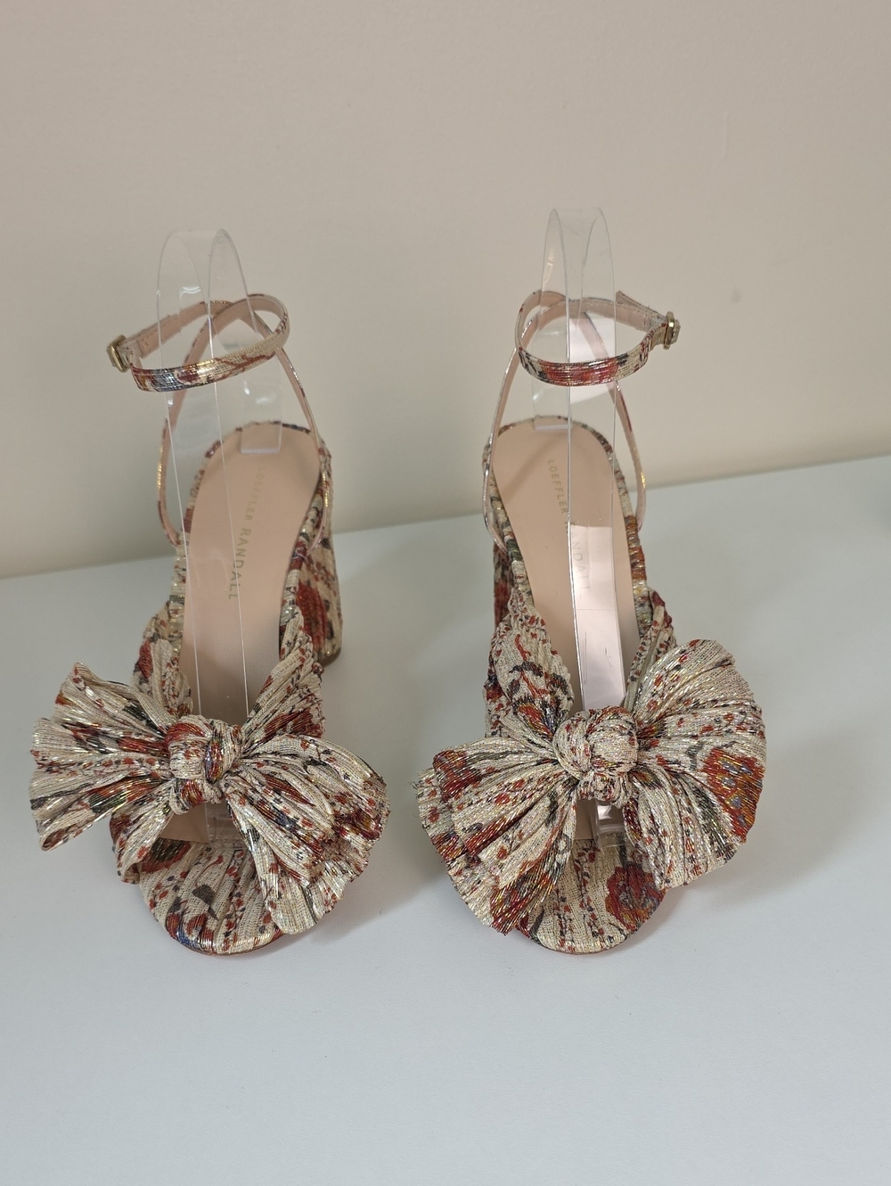Loeffler Randall Metallic Floral Bow Block Heels in Cream and Rust.  Size 8